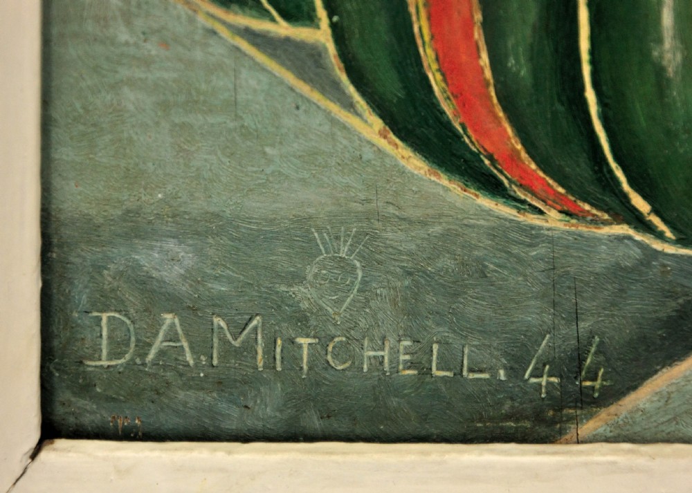A framed modernist still life oil painting featuring a decorated vase, two green gourds, and a red dragon motif dish set against a green patterned background. View III