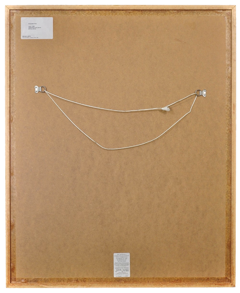 A framed watercolour painting depicting a stylized hawk in flight using beige, brown, and grey fluid brushstrokes, signed and dated Frink 69 at the bottom right. View III