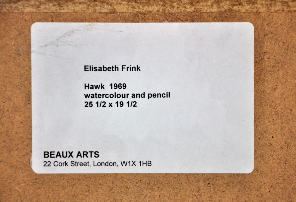A framed watercolour painting depicting a stylized hawk in flight using beige, brown, and grey fluid brushstrokes, signed and dated Frink 69 at the bottom right. View IV