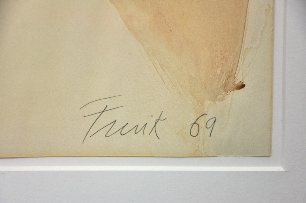 A framed watercolour painting depicting a stylized hawk in flight using beige, brown, and grey fluid brushstrokes, signed and dated Frink 69 at the bottom right. View VI