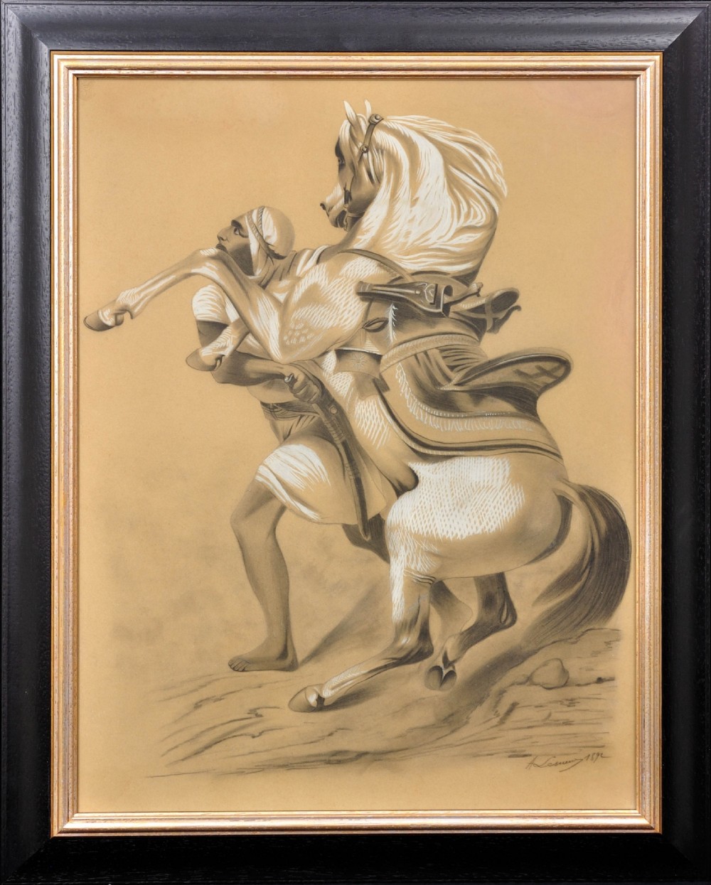 An 1892 framed Orientalist charcoal drawing heightened with white chalk, depicting an Arabian horse rearing beside a handler in traditional costume on toned paper.