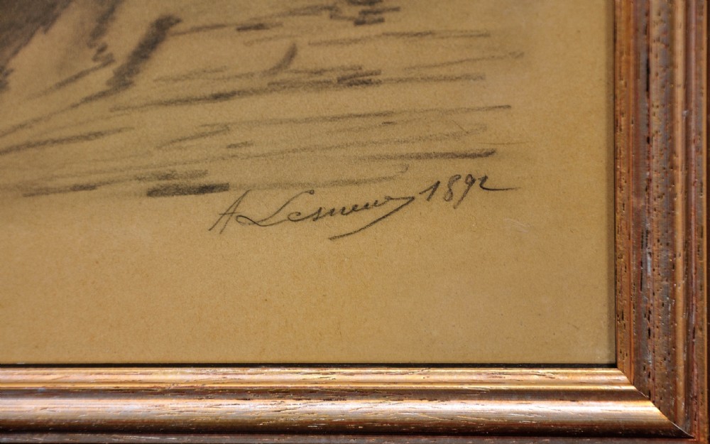 An 1892 framed Orientalist charcoal drawing heightened with white chalk, depicting an Arabian horse rearing beside a handler in traditional costume on toned paper. View III