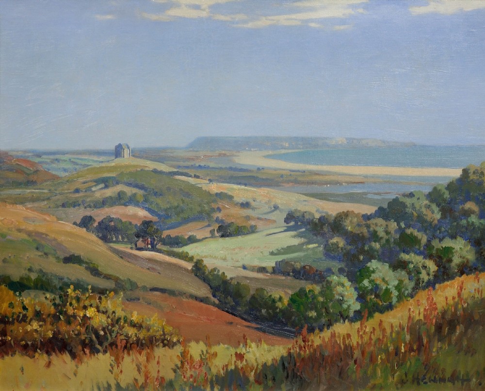 A framed oil painting depicting a rolling green and ochre coastal landscape overlooking Chesil Beach and Portland under a pale blue sky. View II