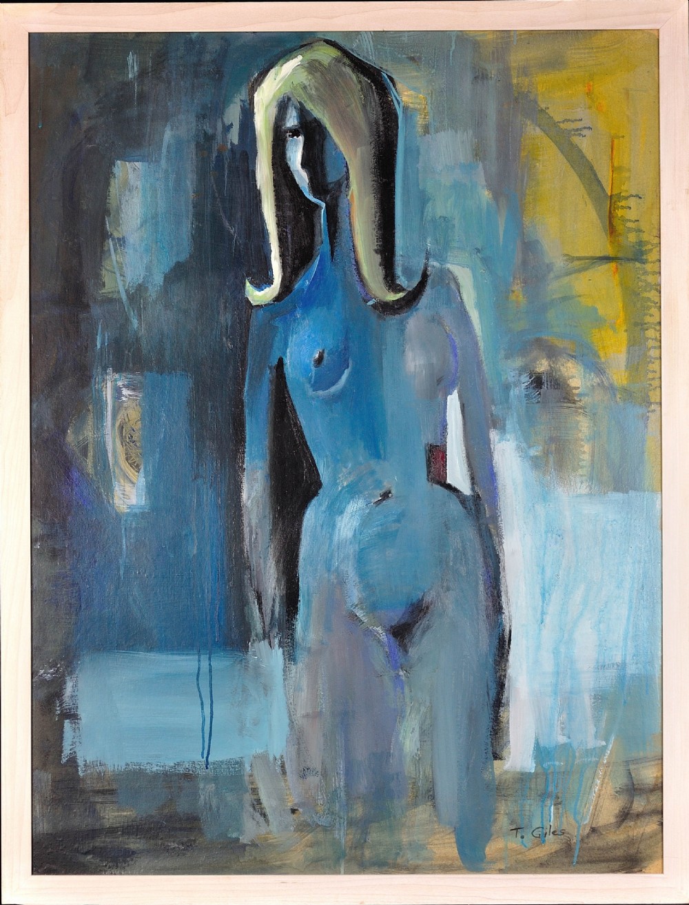 A framed mid-century oil painting depicting a stylised blue female figure with blonde hair set against an abstract blue and yellow background.