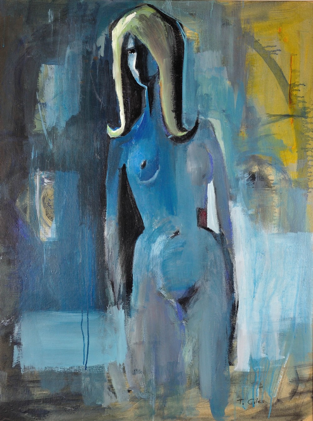 A framed mid-century oil painting depicting a stylised blue female figure with blonde hair set against an abstract blue and yellow background. View II