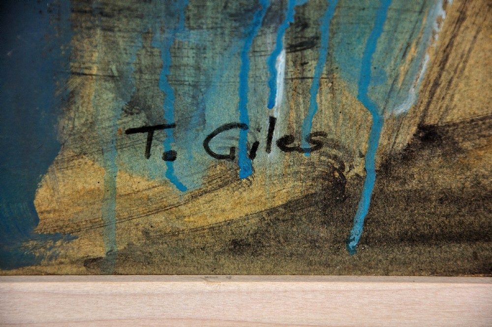 A framed mid-century oil painting depicting a stylised blue female figure with blonde hair set against an abstract blue and yellow background. View III