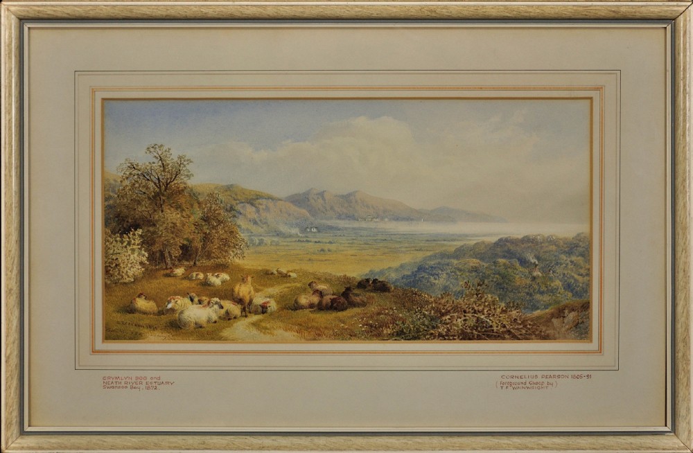 A framed nineteenth-century watercolour painting depicting sheep resting on a grassy hill overlooking the Swansea Bay estuary.