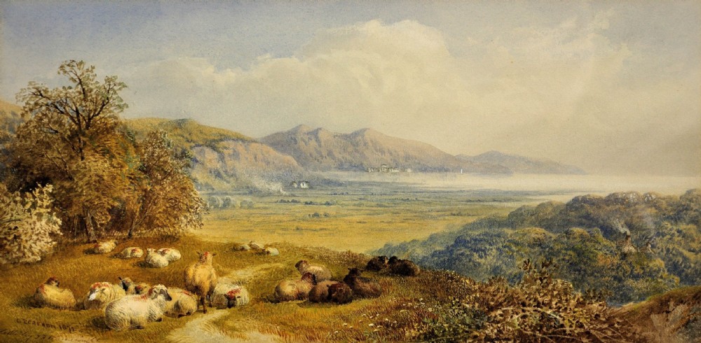 A framed nineteenth-century watercolour painting depicting sheep resting on a grassy hill overlooking the Swansea Bay estuary. View II