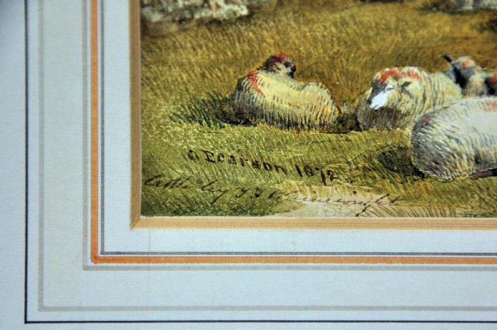 A framed nineteenth-century watercolour painting depicting sheep resting on a grassy hill overlooking the Swansea Bay estuary. View III