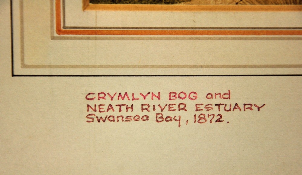 A framed nineteenth-century watercolour painting depicting sheep resting on a grassy hill overlooking the Swansea Bay estuary. View VIII