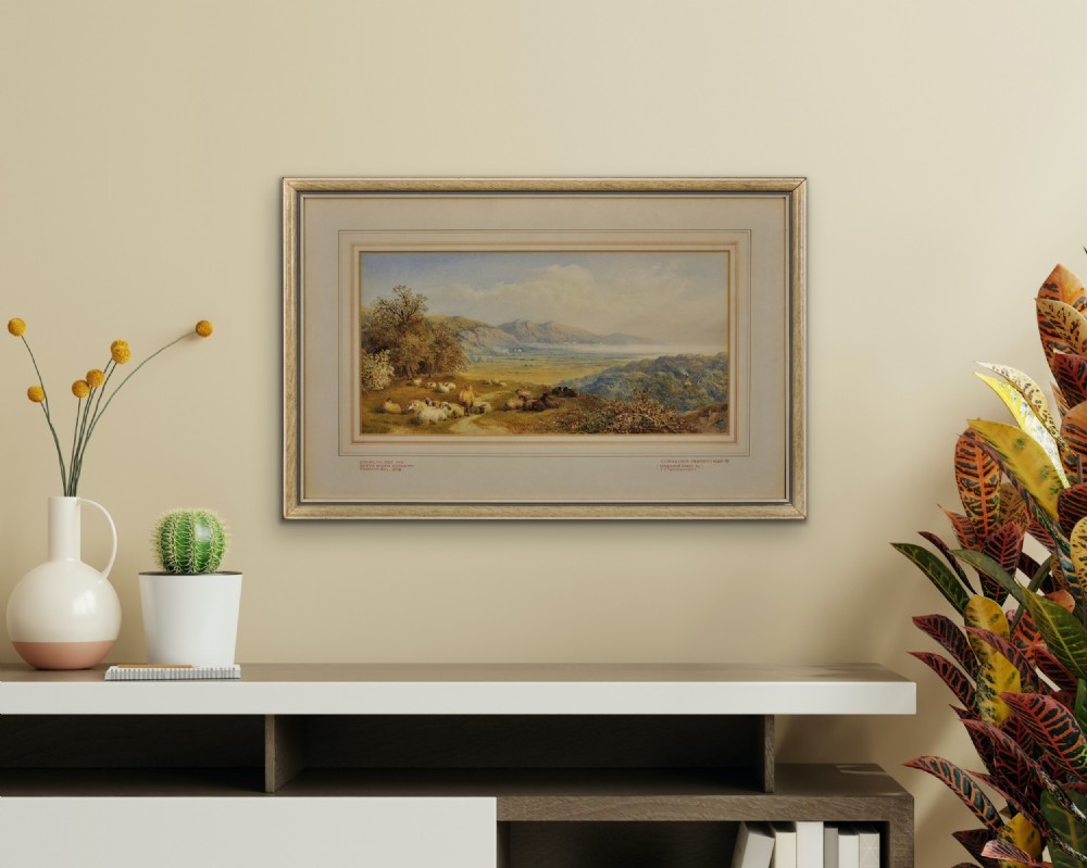 A framed nineteenth-century watercolour painting depicting sheep resting on a grassy hill overlooking the Swansea Bay estuary. View XVII