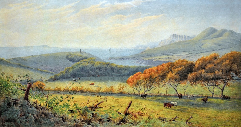 A framed Victorian watercolour painting depicting a sweeping coastal landscape in Dorset with cattle grazing in a field beneath a light sky. View II