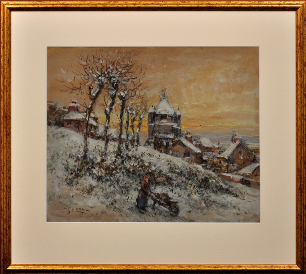 A framed French watercolour and gouache painting depicting a figure pushing a wheelbarrow in a snow-covered landscape beneath a warm ochre sky.