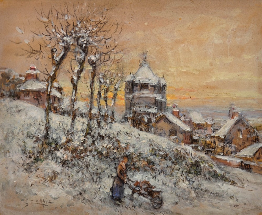 A framed French watercolour and gouache painting depicting a figure pushing a wheelbarrow in a snow-covered landscape beneath a warm ochre sky. View II