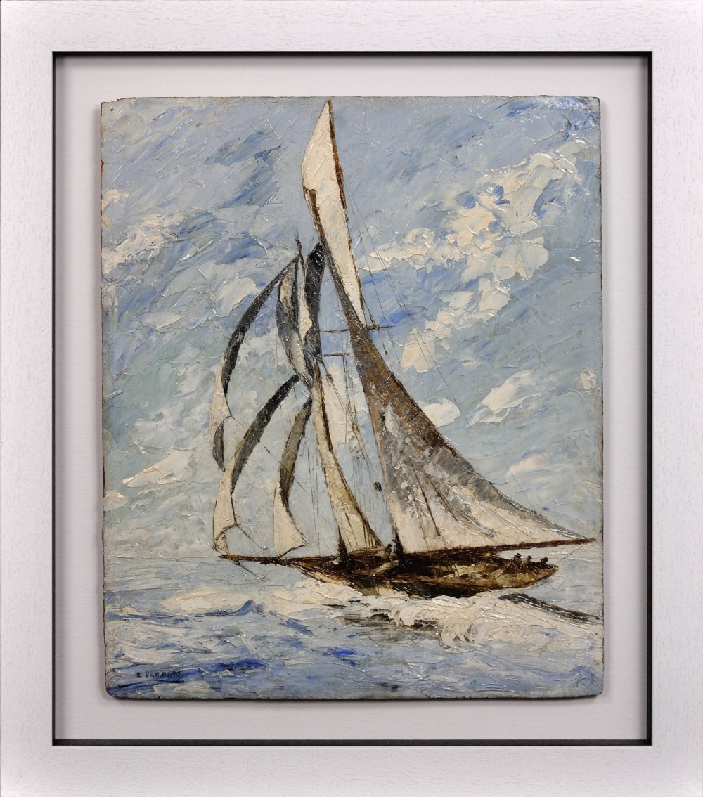 A framed 1930s impasto oil painting depicting a sailing yacht on open sea against a clouded sky.