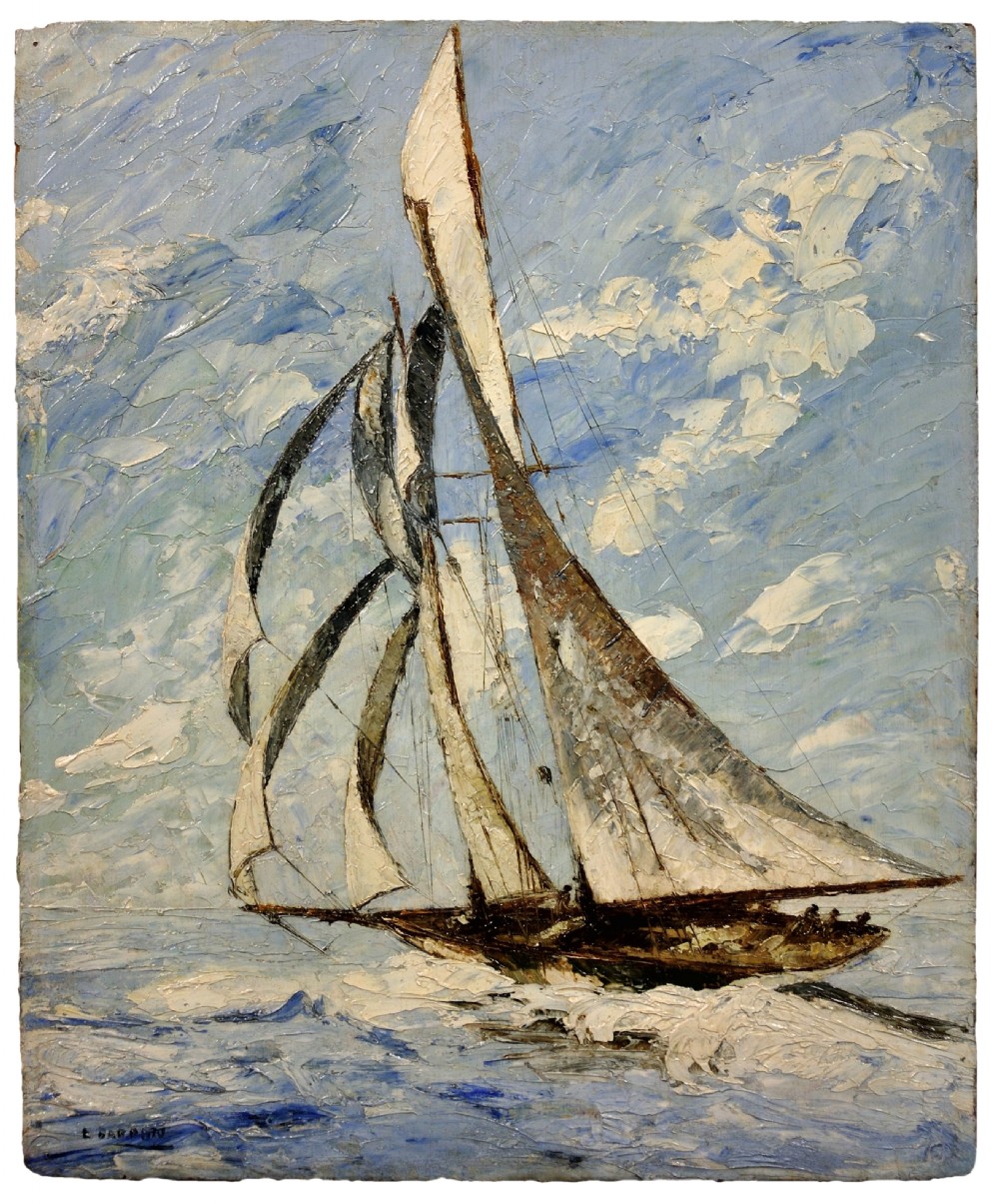A framed 1930s impasto oil painting depicting a sailing yacht on open sea against a clouded sky. View III
