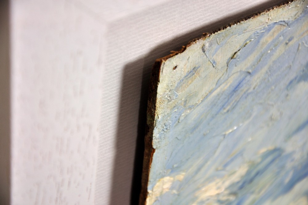 A framed 1930s impasto oil painting depicting a sailing yacht on open sea against a clouded sky. View VI