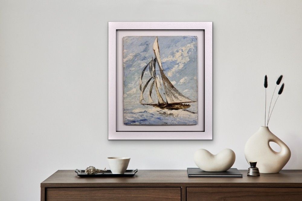 A framed 1930s impasto oil painting depicting a sailing yacht on open sea against a clouded sky. View XXIV