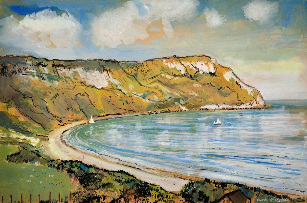 A 1960s framed watercolour painting depicting a sweeping coastal bay with chalk cliffs and sailboats, set in a light wood frame. View II