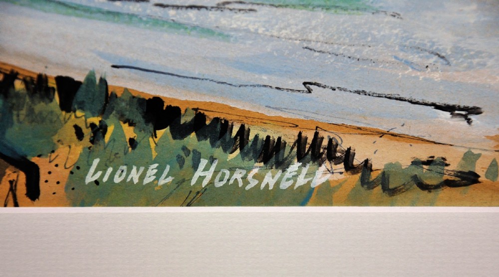 A 1960s framed watercolour painting depicting a sweeping coastal bay with chalk cliffs and sailboats, set in a light wood frame. View III