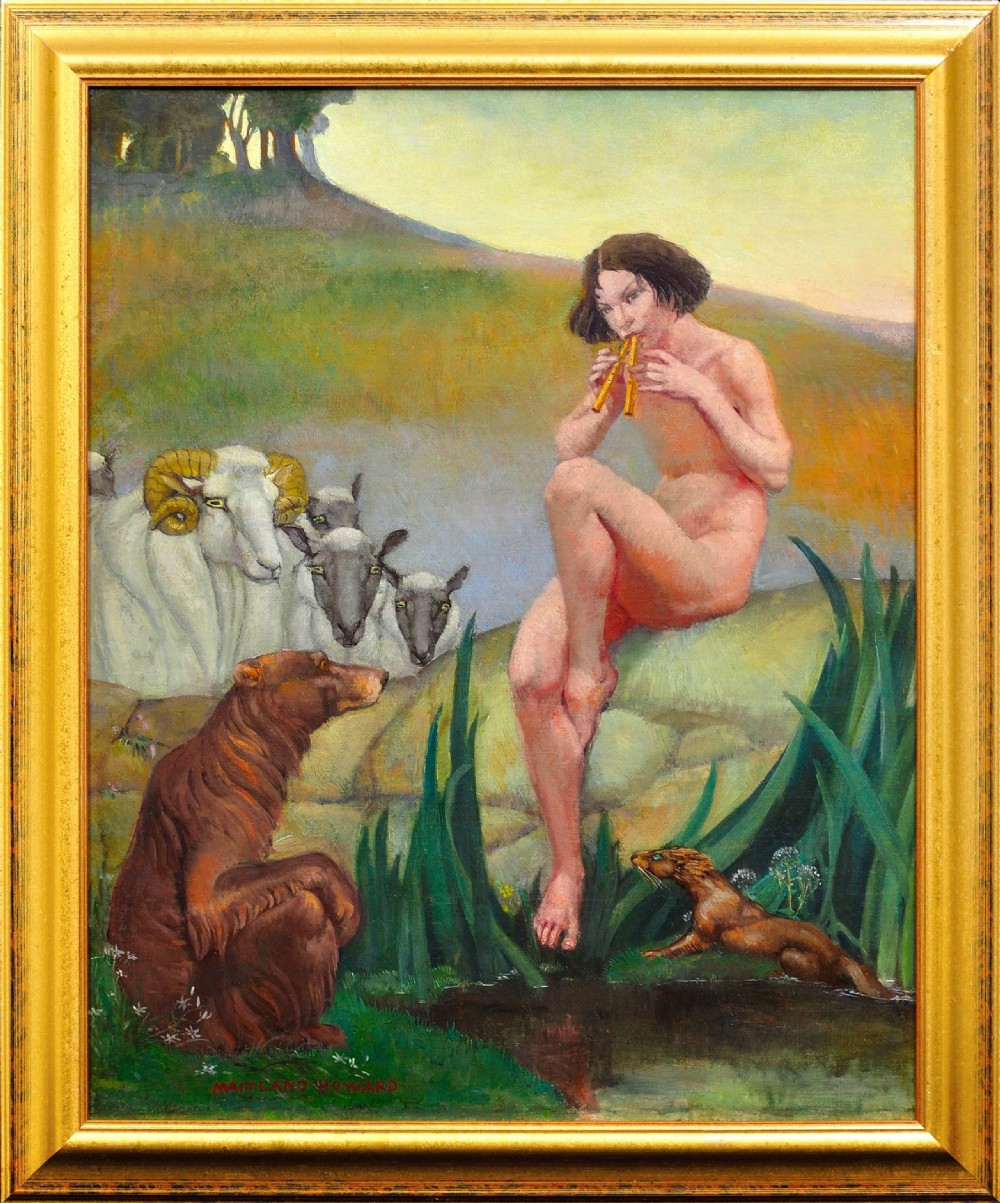 An oil painting featuring a seated nude figure playing panpipes surrounded by animals in a grassy landscape, enclosed in a gilded frame.