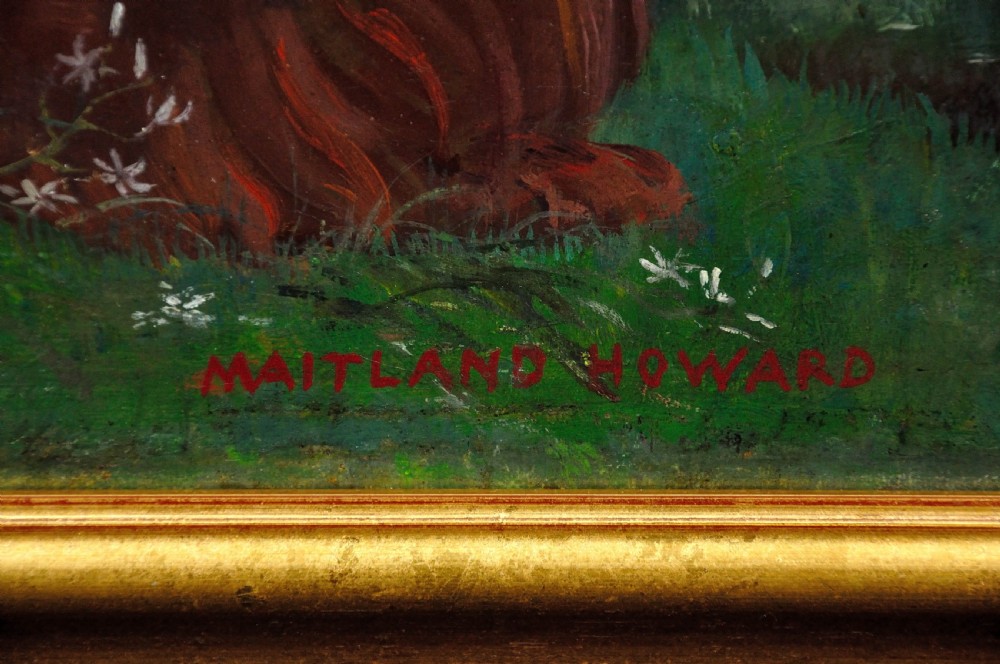 An oil painting featuring a seated nude figure playing panpipes surrounded by animals in a grassy landscape, enclosed in a gilded frame. View III