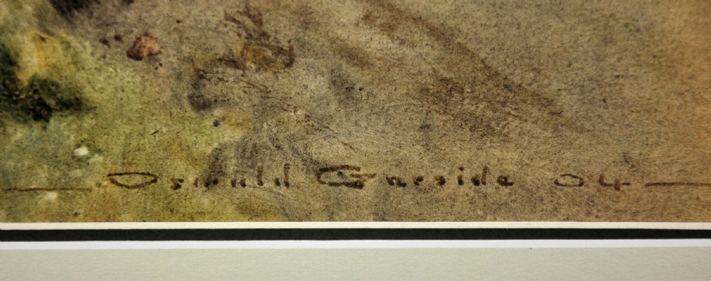 Framed Edwardian watercolour painting by Oswald Garside depicting two cattle pulling a plough through a field alongside a farm worker, presented in a light cream frame. View III
