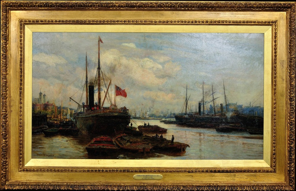 A gilded framed Victorian oil painting depicting steamships, barges, and industrial shipping along the River Thames in London.