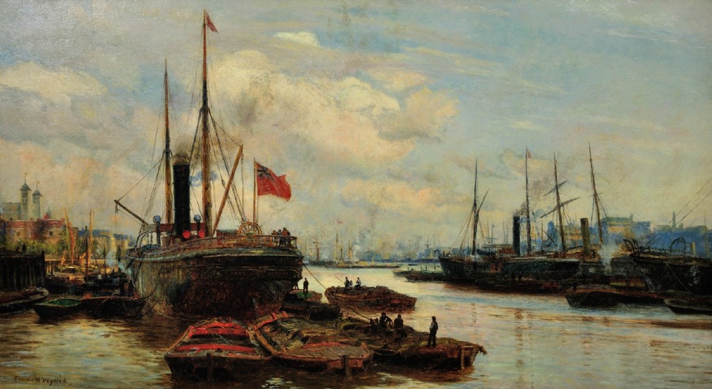 A gilded framed Victorian oil painting depicting steamships, barges, and industrial shipping along the River Thames in London. View II