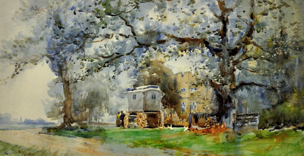A framed watercolour painting depicting a traditional Romany gypsy caravan parked under large trees beside a stone building. View II