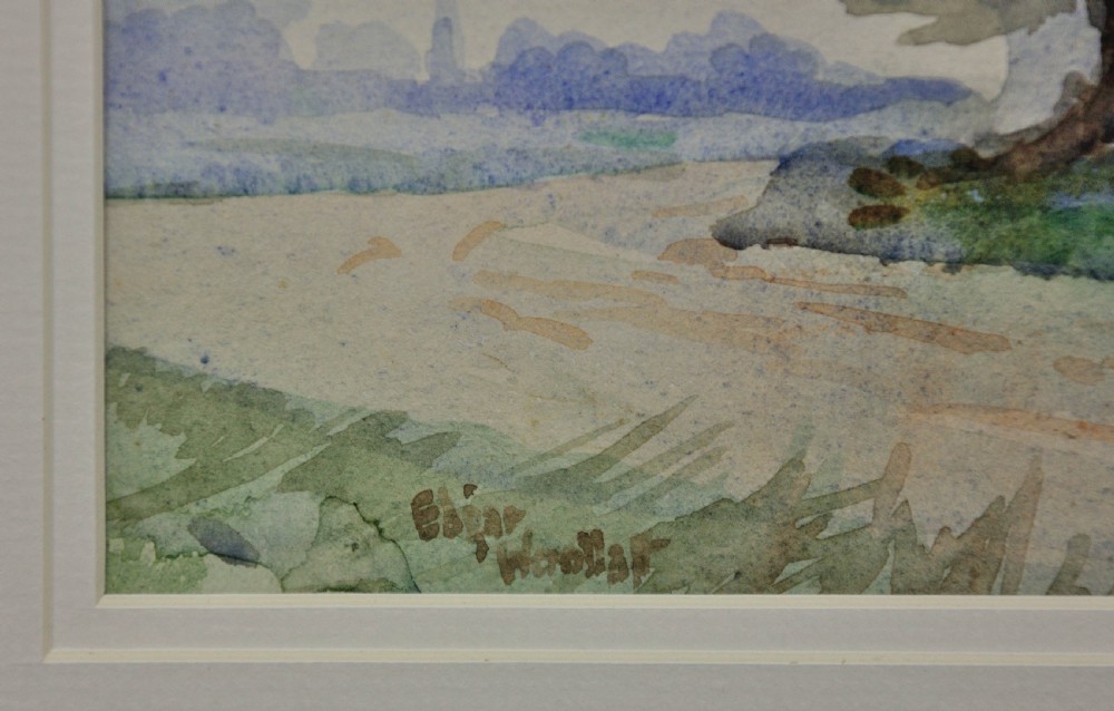 A framed watercolour painting depicting a traditional Romany gypsy caravan parked under large trees beside a stone building. View III