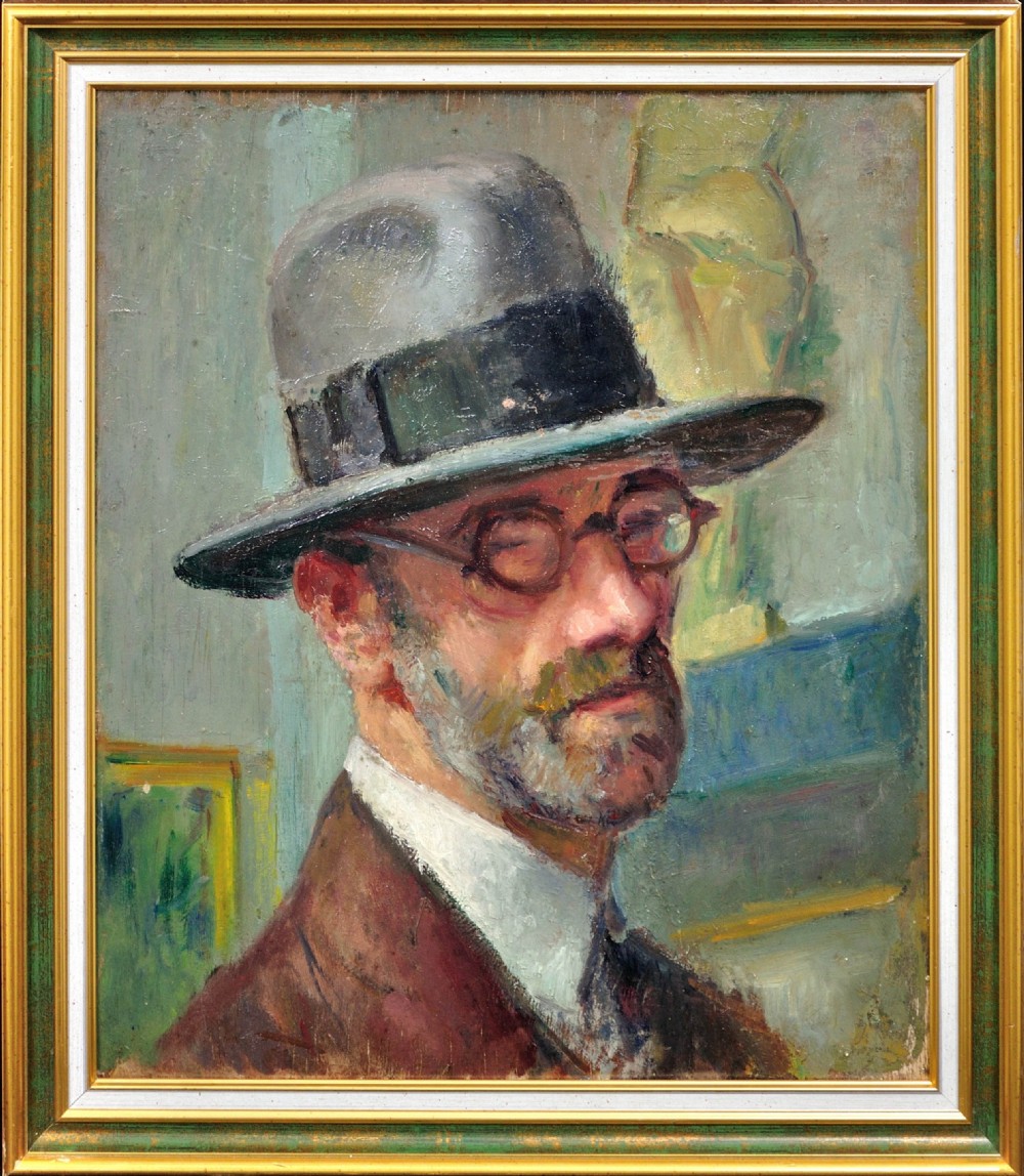 A framed oil painting on wood panel depicting a bearded man wearing round spectacles and a grey fedora hat in a post-impressionist style.