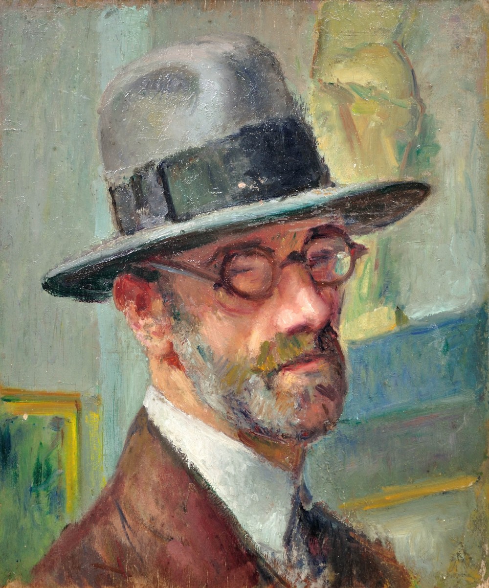 A framed oil painting on wood panel depicting a bearded man wearing round spectacles and a grey fedora hat in a post-impressionist style. View II