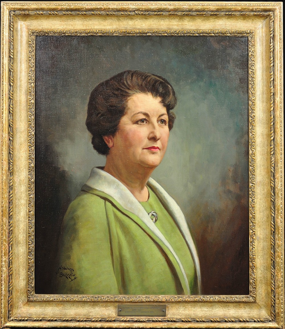 A mid-20th-century framed oil painting depicting a woman in a green outfit within a gilded wooden frame.