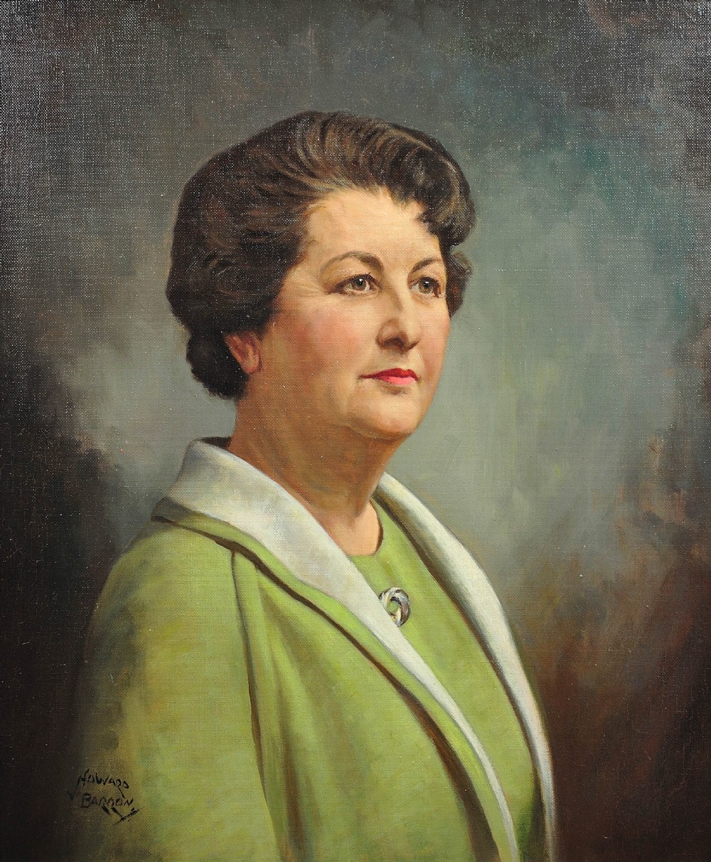 A mid-20th-century framed oil painting depicting a woman in a green outfit within a gilded wooden frame. View II