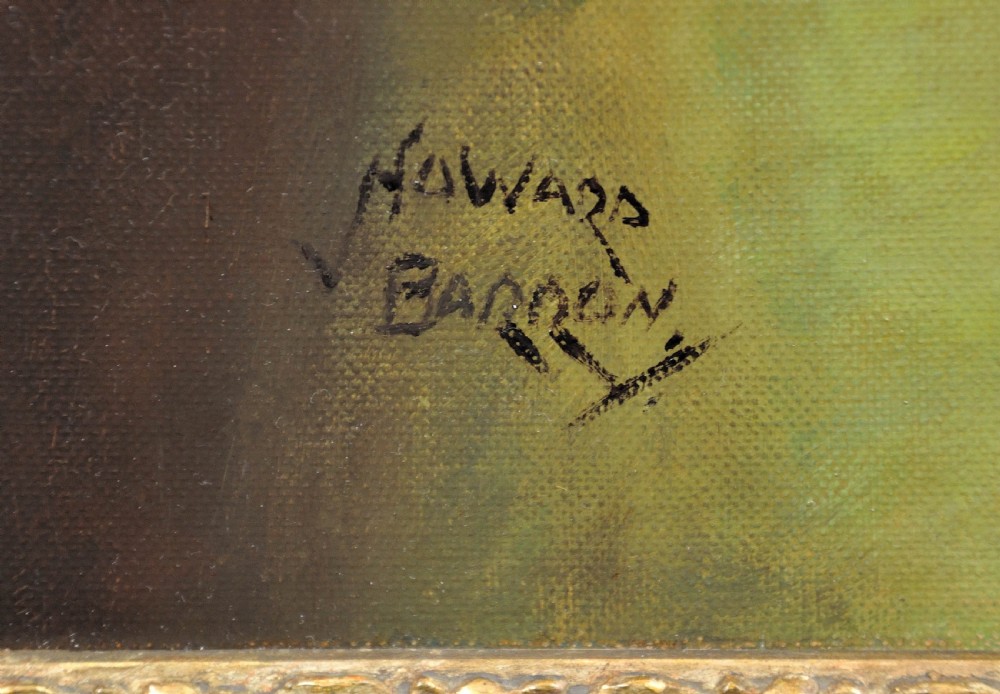 A mid-20th-century framed oil painting depicting a woman in a green outfit within a gilded wooden frame. View IV