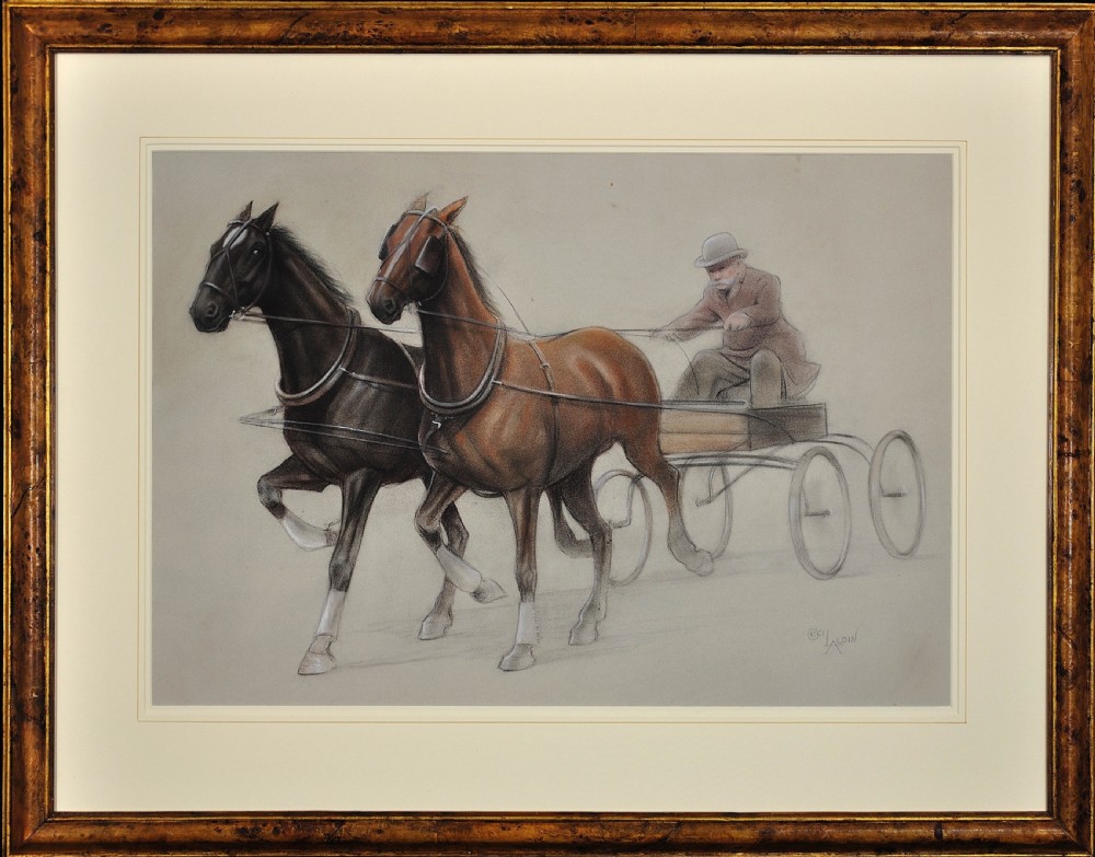 A framed chalk drawing depicting two trotting horses pulling a light four-wheeled cart driven by a man wearing a bowler hat.