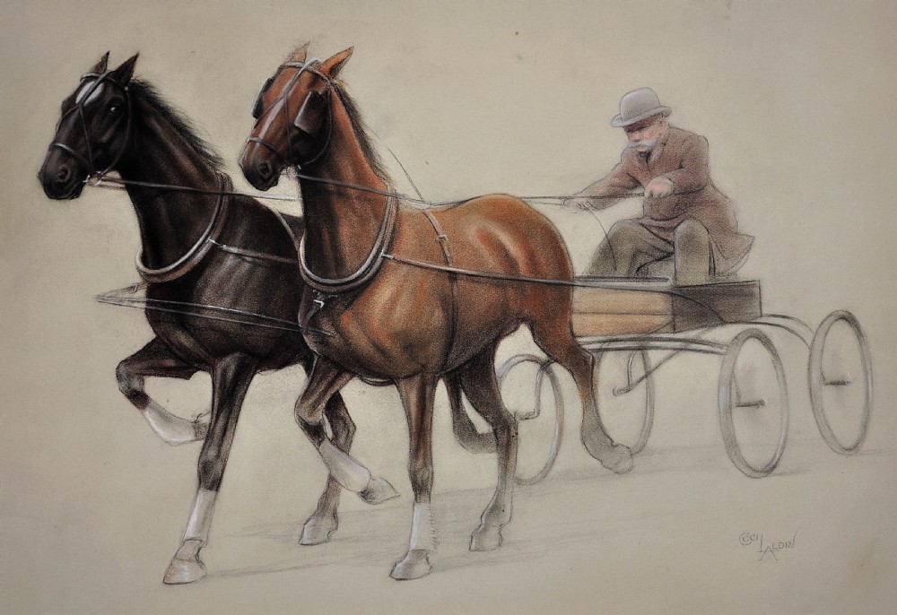 A framed chalk drawing depicting two trotting horses pulling a light four-wheeled cart driven by a man wearing a bowler hat. View II