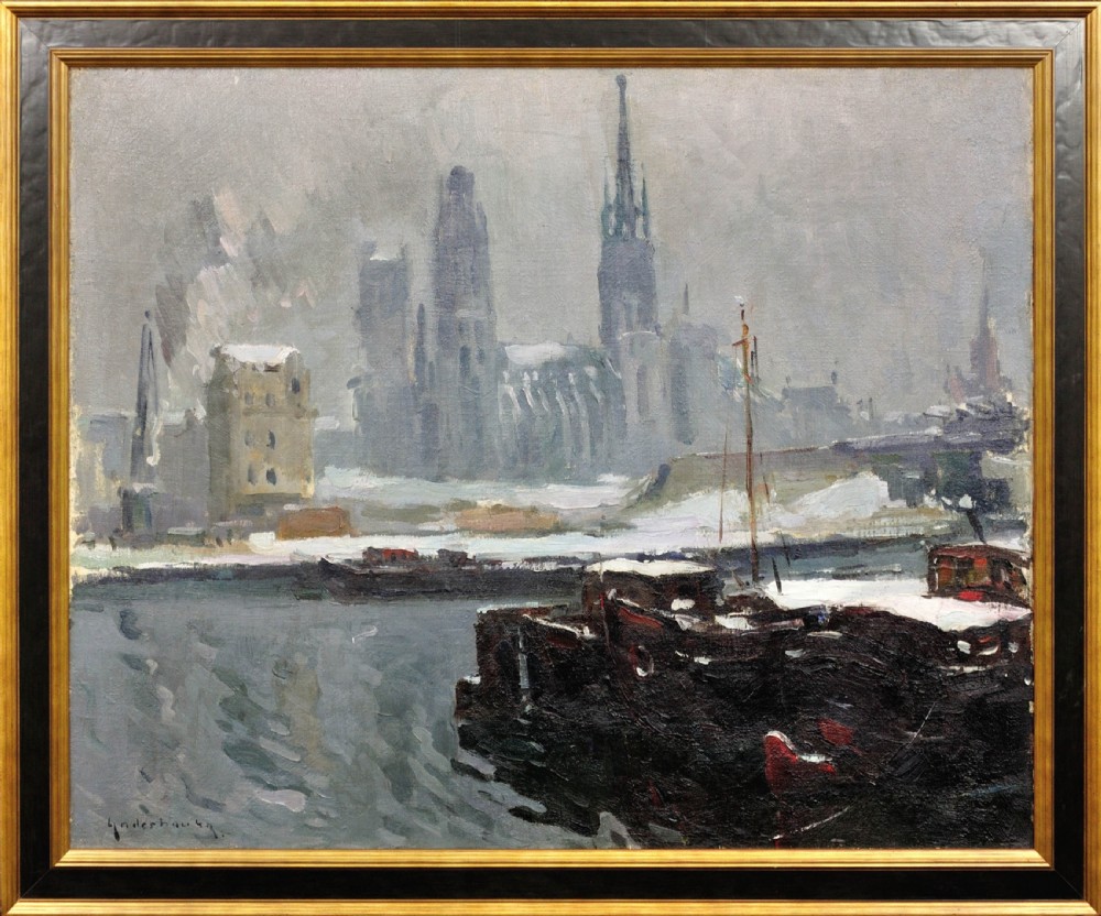 A framed post-impressionist oil painting on canvas depicting a snowy harbour with dark barges in the foreground and a cathedral spire rising through winter haze.