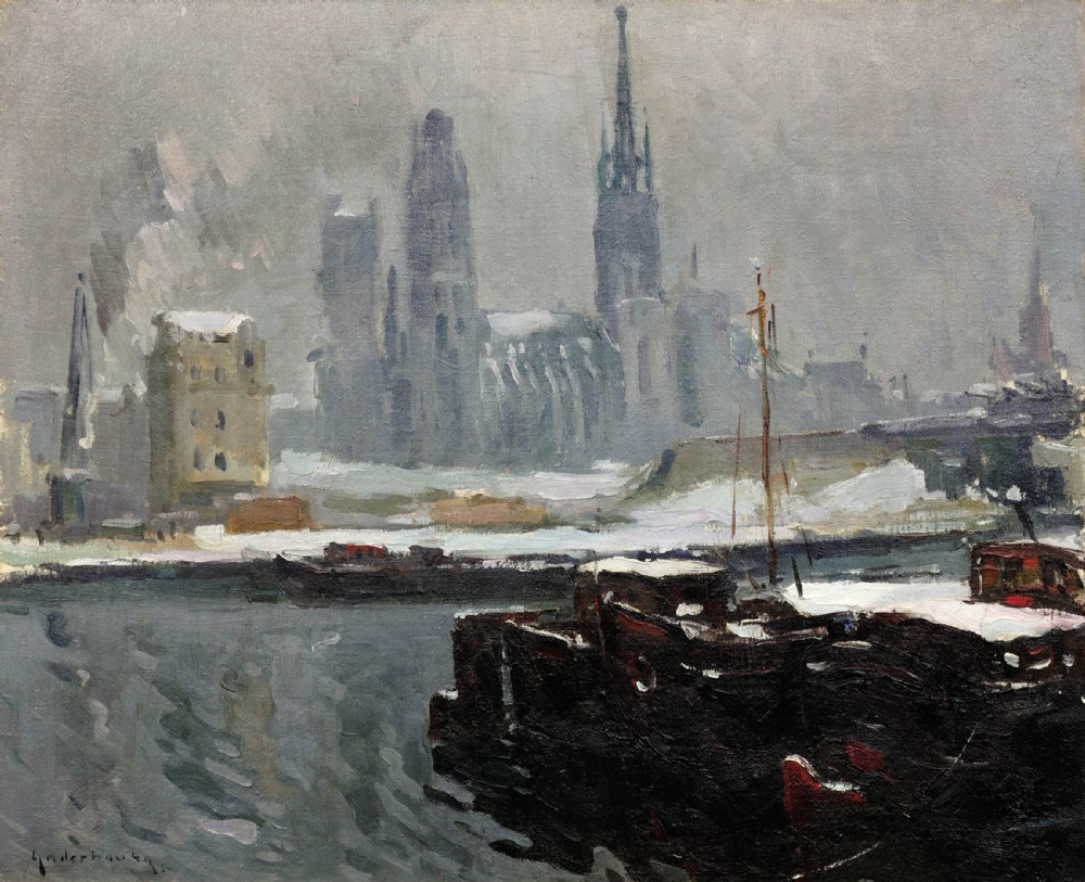 A framed post-impressionist oil painting on canvas depicting a snowy harbour with dark barges in the foreground and a cathedral spire rising through winter haze. View II