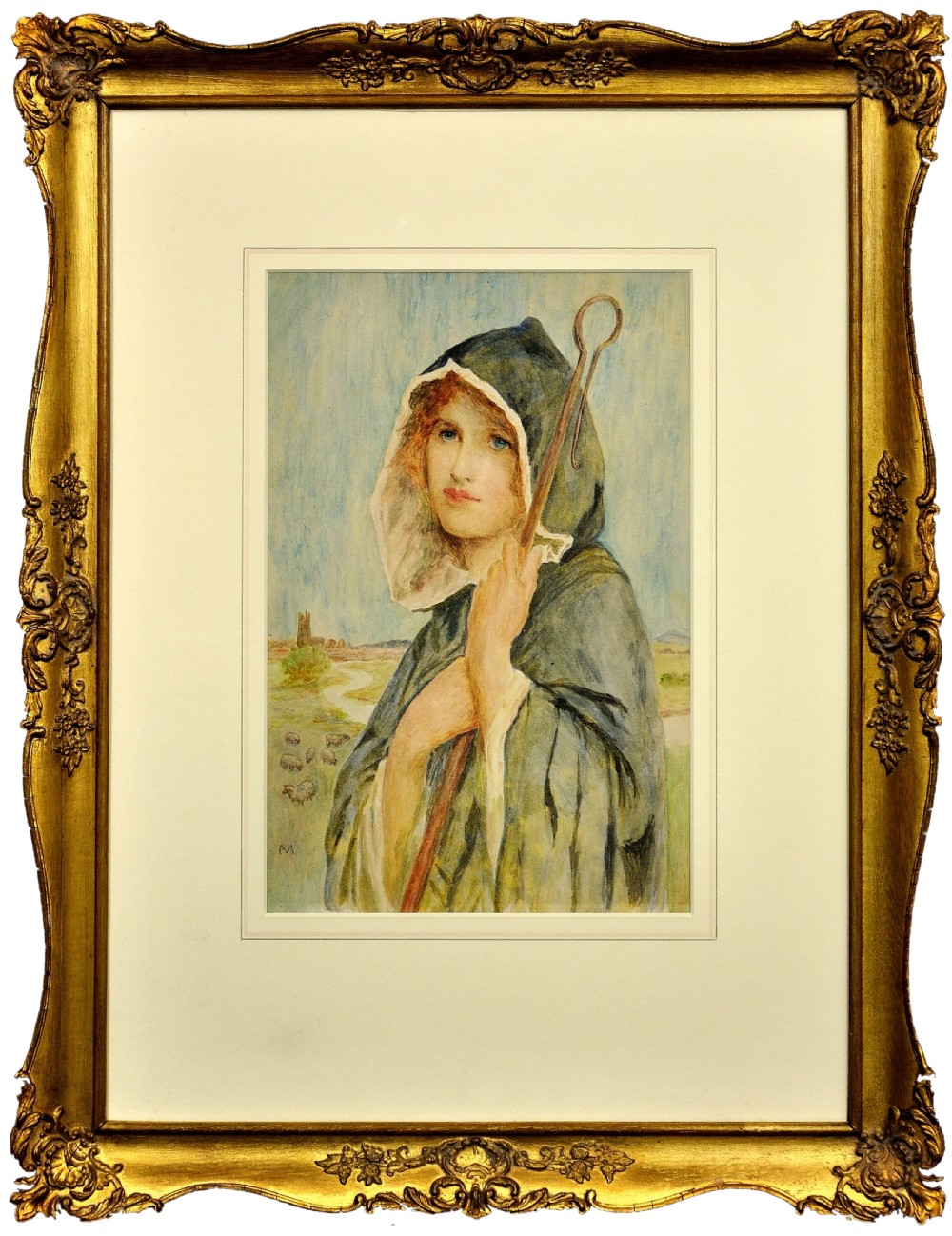 A portrait watercolour painting depicting a red-haired woman wearing a green hooded cloak holding a shepherd crook against a rural backdrop. View II