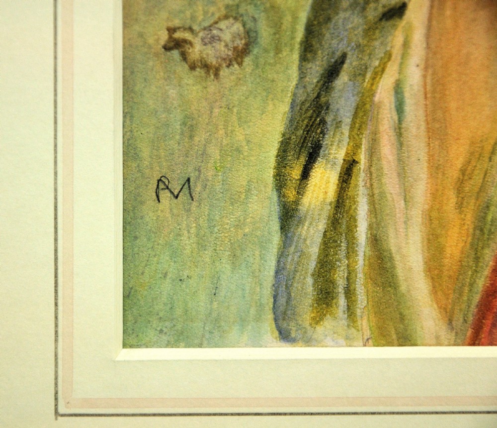 A portrait watercolour painting depicting a red-haired woman wearing a green hooded cloak holding a shepherd crook against a rural backdrop. View III