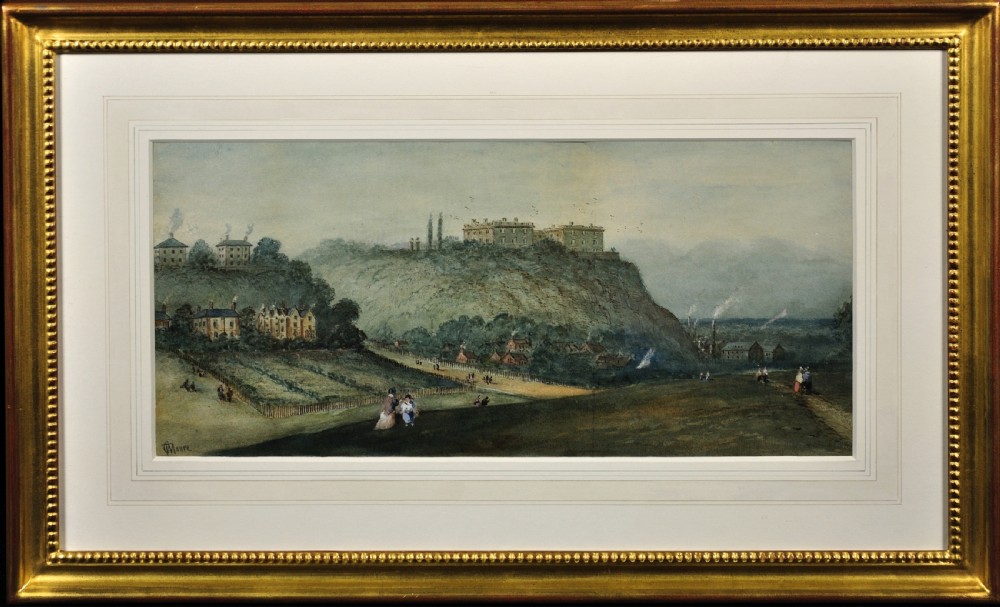 A framed 19th-century watercolour landscape painting showing Nottingham Castle atop a cliff overlooking a countryside park with houses and figures, enclosed in a gilt beaded frame.