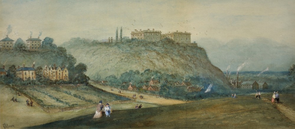 A framed 19th-century watercolour landscape painting showing Nottingham Castle atop a cliff overlooking a countryside park with houses and figures, enclosed in a gilt beaded frame. View II