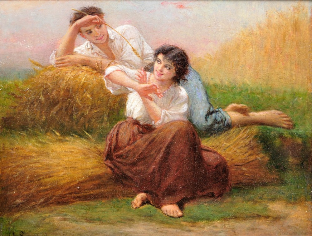 A framed 19th-century French oil painting depicting a couple seated in a harvest field, set within a wide gilded frame featuring leaf motifs. View II