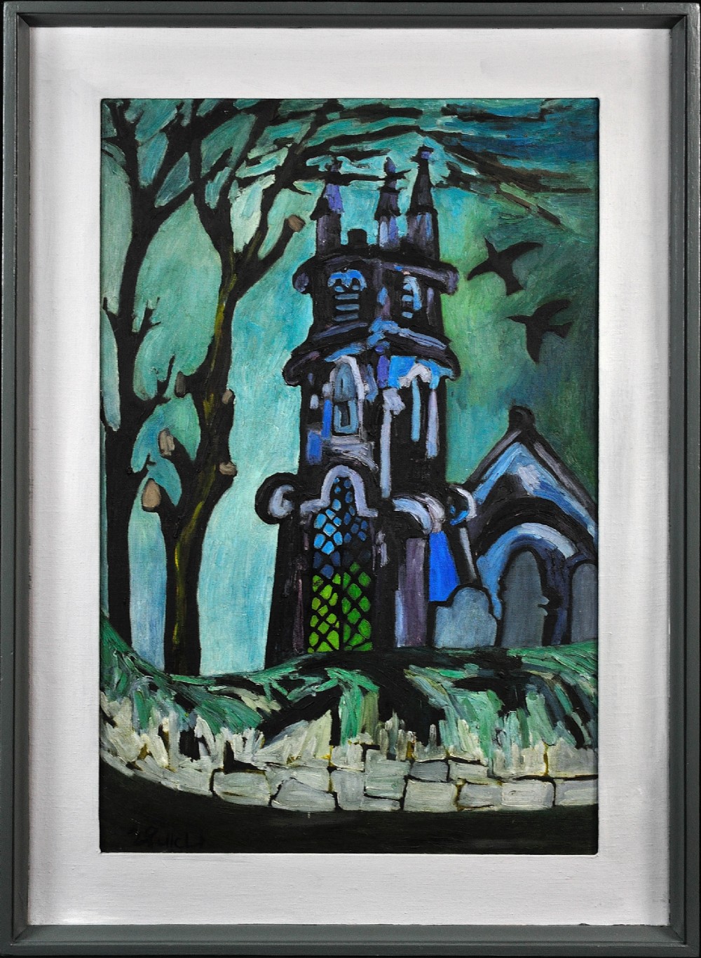 A framed mid-century oil painting depicting a dark gothic church tower surrounded by trees and flying birds against a teal background.