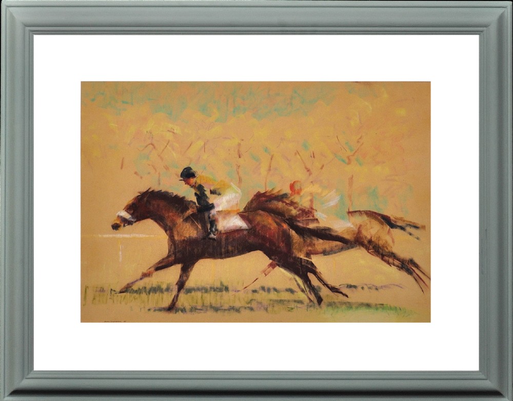 A framed pastel drawing on ochre paper depicting two jockeys riding galloping racehorses, presented in a white mount and grey molded frame.