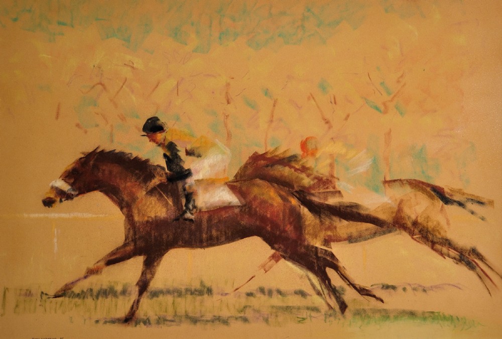 A framed pastel drawing on ochre paper depicting two jockeys riding galloping racehorses, presented in a white mount and grey molded frame. View II
