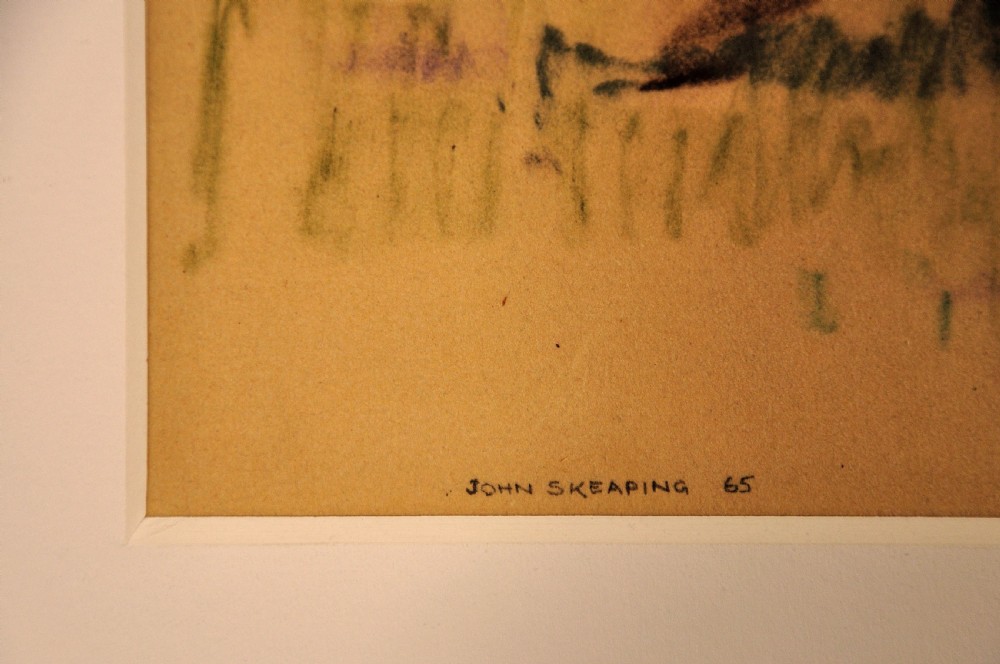 A framed pastel drawing on ochre paper depicting two jockeys riding galloping racehorses, presented in a white mount and grey molded frame. View III