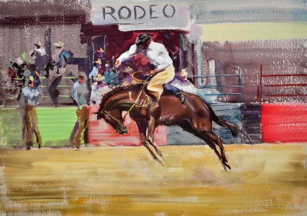 A framed mid-20th-century painting depicting a cowboy riding a bucking brown horse inside a rodeo arena with spectators in the background. View II